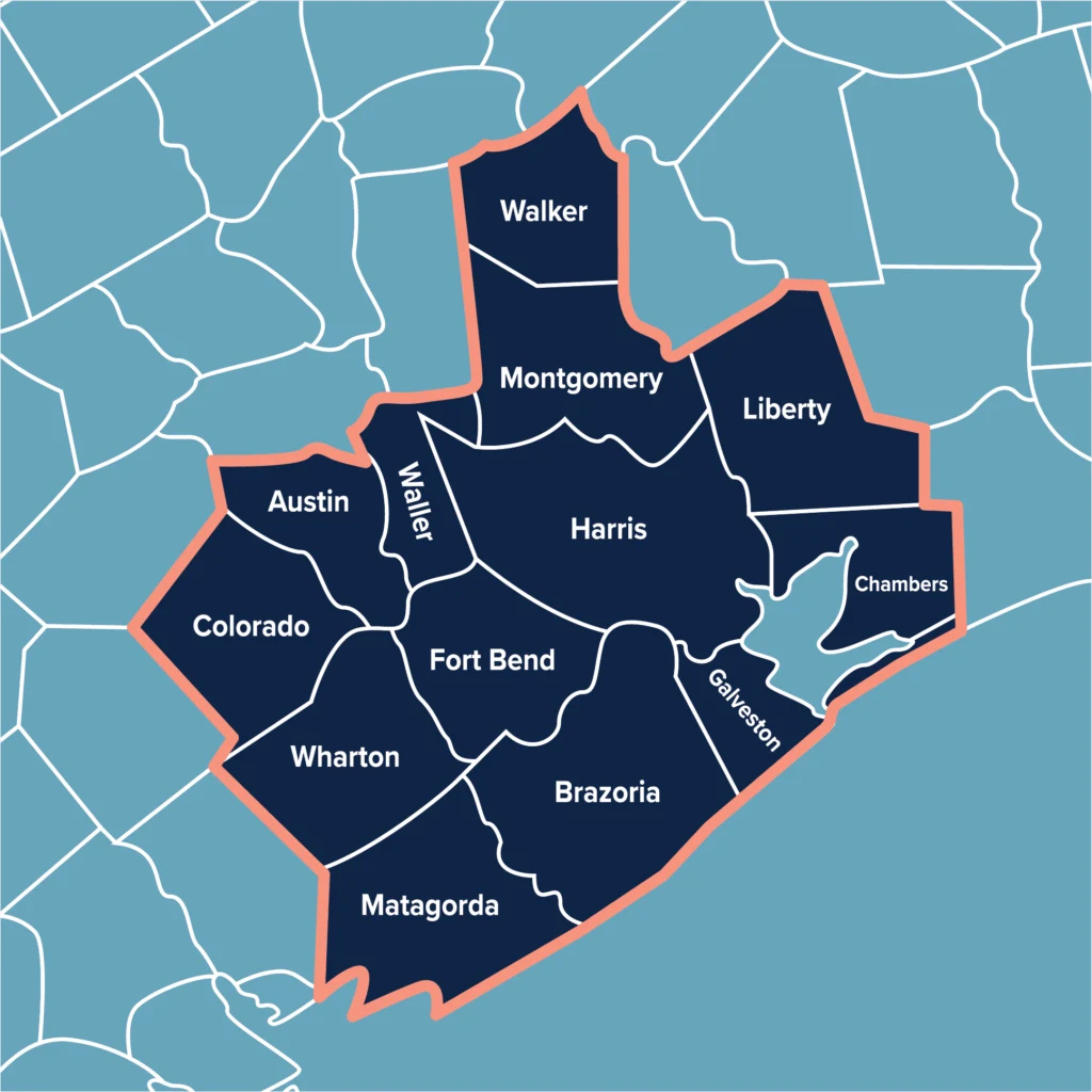 Map of the Greater Houston region and its counties