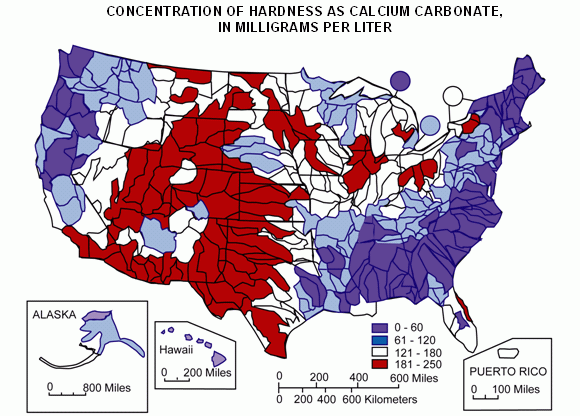 USGS map of water hardness in the United States: mean hardness as calcium carbonate at NASQAN stream sites, 1975 water year